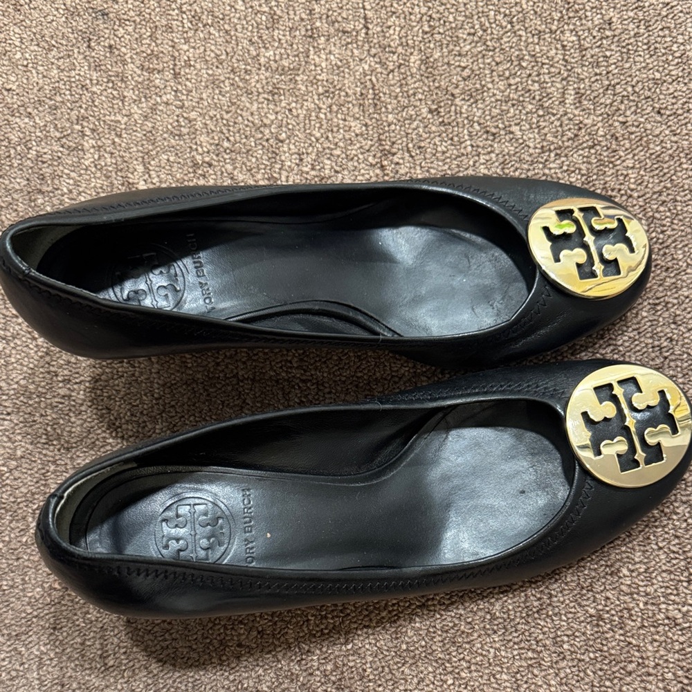 Tory Burch Black Flats with Gold Emblem
